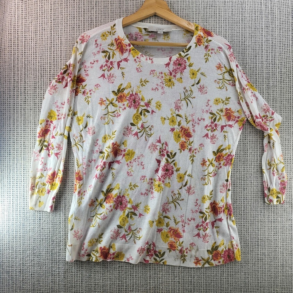 Loft Sweater Womens Large White Floral Print‎ Lightweight Long Sleeve Pullover